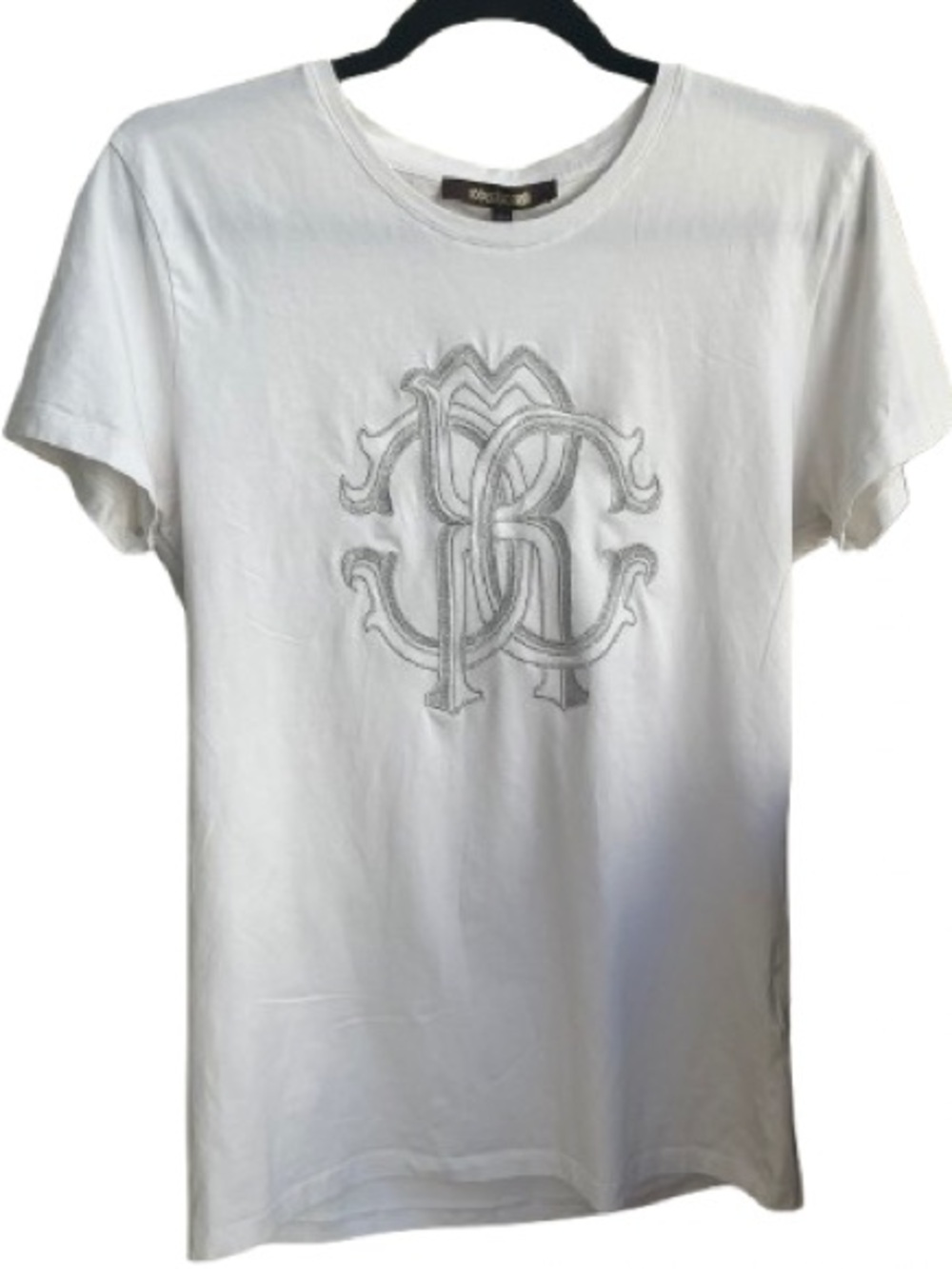 Roberto Cavalli Made in Italy Silver Glitter Monogram Logo Tee White Size XXL - Picture 2 of 5